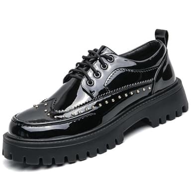 Men's Patent Leather Platform Dress Shoes Classic Round Toe Thick Lug Sole Lace Up Oxfords Comfort Block Heel Derby Business Casual Shoes (Black,8.5)