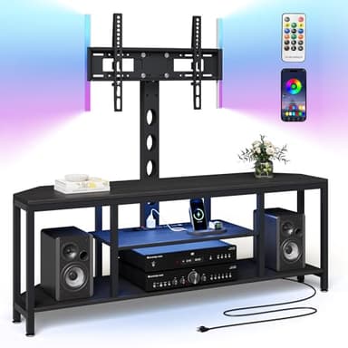 Corner TV Stand with Mount LED - Universal TV Mount Stand for 32-65" TV, Height Adjustable Swivel TV Console Wood & Steel Entertainment Center with Mount, Cabinet, Power Outlet, Colorful Light, Black