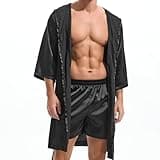 AMY COULEE Mens Silk Robe with Shorts 2 Pcs Satin Boxers Hooded Bathrobe Sexy Pajama Set Half sleeve Sleepwear (M, Black)