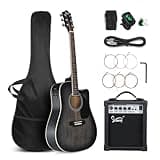 GLARRY Full Size 6 Strings Acoustic Electric Guitar Beginner Kit w/ 15W Amp, Cutaway 41 Inch Electric Acoustic Guitar w/Inbuilt Tuner, Bag, Strap, Picks, Strings, Basswood Guitarra, Distressed Black