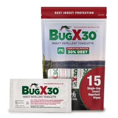 CoreTex Bug X 30 Mosquito, Tick, & Insect Repellent Wipes (30% DEET) with Resealable Travel Bag - Pack of 15 Single-Use Bug Repellent Wipes for Up to 7+ Hours of Protection Against 12 Types of Insects