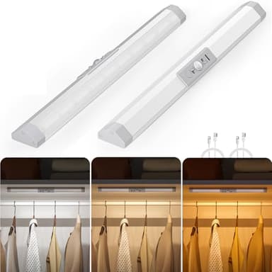 WOBANE Rechargeable Motion Sensor Closet Light，3 Color Dimmable LED Bar with Eye Comfort Design，Magnetic Mount Wireless Battery Operated LED Lighting for Wardrobe，Stairs，Pantry，Hallway, 12inch, 2PCS