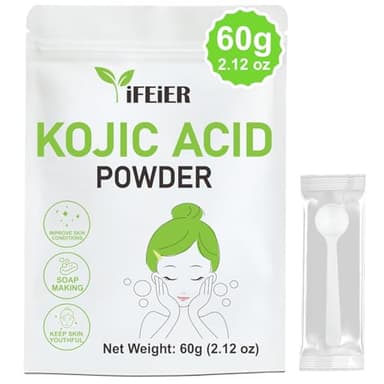 iFEiER Pure Kojic Acid Powder 60g(2.12oz) for Skincare Products and Homemade Cosmetics. Natural and Organic Kojic Acid Powder for DIY lotions | serums | soaps. Soluble in water only; insoluble in oil.