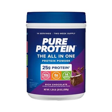 Pure Protein All-In-One Powder, Rich Chocolate - Whey & Collagen, High Fiber, Vitamins, No Added Sugar, Non-GMO, Gluten-Free, 1.25lb