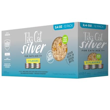 Tiki Cat Silver Variety Pack, Immune System Support Formulated for Older Cats Aged 11+, Senior Wet Cat Food, 2.4 oz. Can (12 Count)
