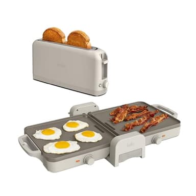 BELLA 10 x 20 in Fold-n-Store Dual Temp Griddle + 2 Slice Slim toaster, Fits-anywhere™ Kitchenware, Slim Toaster w 6 Shades Control & Griddle w EverGood™ Ceramic Nonstick Coating, Oatmilk