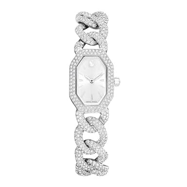 Dextera Chain & Crystal Watch, Interlocking Stainless Steel with Pave Crystal Bracelet Band, Octagon Shaped Oval Face with Embellished Crystals, Swiss Made, Part of the Dextera Watch Collection