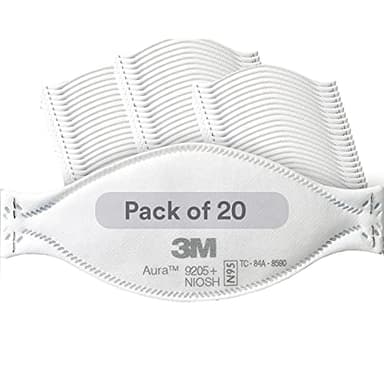 3M Aura Particulate Respirator 9205+, N95, Pack of 20 Disposable Respirators, Individually Wrapped, 3 Panel Flat Fold Design Allows for Facial Movements, Comfortable, NIOSH Approved, Smoke