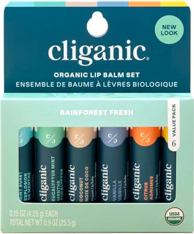 Cliganic Organic Lip Balm Set (6 Flavors) - 100% Natural Hydrating, Moisturizing for Dry Cracked Lips, Stocking Stuffer Gift for Men & Women