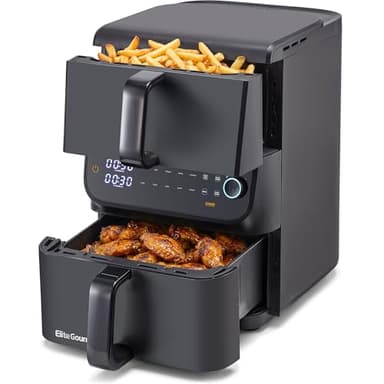 Elite Gourmet Dual Stacked Air Fryer, 10.5 Qt Total Capacity, PFAS-Free Nonstick Baskets, Sync Cook & Sync Finish, 10 Presets, 1700W, Black