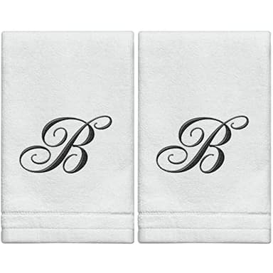 Monogrammed Towels Fingertip, Personalized Gift, 11 x 18 Inches - Set of 2- Black Embroidered Towel - Extra Absorbent 100% Cotton- Soft Velour Finish - For Bathroom/ Kitchen/ Spa- Initial B (White)