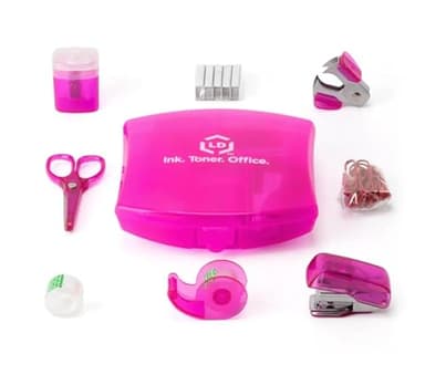 LD Products Pink Mini Office Supply Kit Portable Case with Scissors, Paper Clips, Tape Dispenser Set, Pencil Sharpener, Mini Stapler with Staples and Staple Remover
