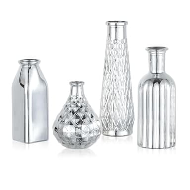 Glasseam Silver Glass Vase for Centerpieces, 4pcs Small Flower Vases Set for Floral - Durable Home Decor for Living Room, Bedroom, Bathroom, Kitchen, Mantle, Table Centerpieces，Silver
