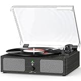 Vinyl Record Player with Build in Speakers Vintage Portable Turntable Supports Bluetooth Receiver USB Input,AUX Input,RCA Line Out,3 Speed and Headphone Jack Wooden Black