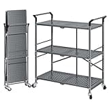 Rolling Utility Cart Folding Cart with Wheels - 3 Tier Collapsible Metal Cart, Large Capacity