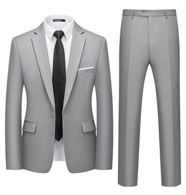 WULFUL Men's 2 Piece Suits Slim Fit Two Button Blazer Jacket Pants Set for Party,Wedding and Business Light Gray