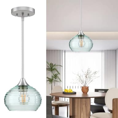 Pendant Lights Kitchen Island, Single Pendant Lights with Adjustable Height 5"-42", Pendant Light Fixtures with Green Glass Shade, Green Pendant Light for Living Room Bedroom Dining Room E26 Base