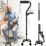 Ciavca Walking Canes for Women & Men, Adjustable Folding Quad Cane, Heavy Duty Walking Sticks Canes for Seniors Balance,Collapsible, Lightweight Self Standing Cane with 2nd Handle and 4-Pronged Base
