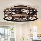 SHLUCE Farmhouse Flush Mount Caged Ceiling Fans with Lights, 6 Speeds, Rustic Low Profile Ceiling Fan with Light and Remote, Small Bladeless Ceiling Fans with Lights for Kitchen, Bedroom