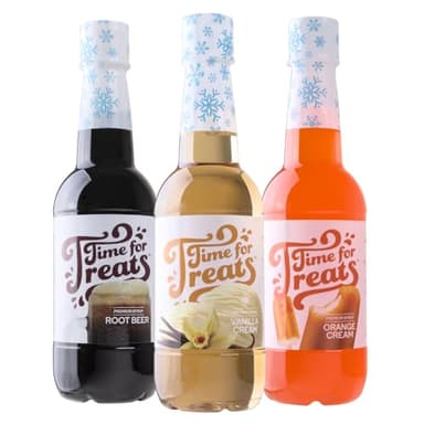 Time For Treats 3-Pack Vanilla Cream, Root Beer, Orange Cream Syrup 16.9 Fluid Ounce Per Bottle for Snow Cones, Homemade Sodas, Cocktails, Coffee, Baking and More