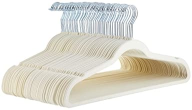 Amazon Basics Slim Velvet Non-Slip Space Saving Suit Clothes Hangers with Shoulder Notches for Closet Organization, Ivory/Silver, 50-Pack