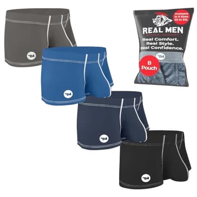 Real Men 3in Nylon Boxer Briefs B Pouch Lrg 4pk Blk/Drk Blu/Lt Blu/Gry Nylon Mens Underwear With Pouch For Balls Sexy Mens Bulge Enhancing Underwear Sexy Boxers Briefs For Men Boxer Brief Bulge