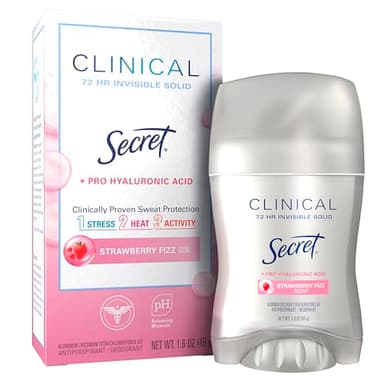 Secret Clinical Strength Antiperspirant Deodorant for Women, 3X Stress Protection, 72hr Sweat & Odor Protection, Pro-Hyaluronic Acid, Invisible Solid, Strawberry Summer Fizz Scent, 1.6 oz