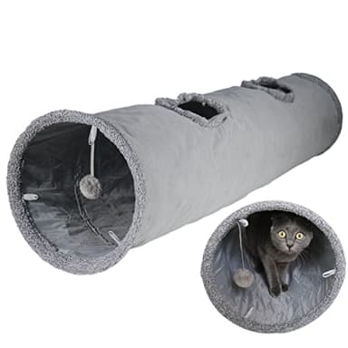 Terunat Cat Tunnel for Indoor Cats, 51×12 inch Foldable Big Cat Tunnel, Grey Suede Pet Tunnels with Two Peepholes and a Bubble Ball