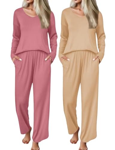 Ekouaer 2 Pack Womens Ribbed Knit Pajama Sets V Neck Soft Lounge Sets Long Sleeve PJs Loose Matching Outfits Set Purple Red and Champagne M