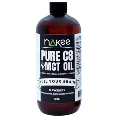 Nakee Butter C8 MCT Oil, 4x Ketone Power, Brain Fuel for Cognitive Boost, 16 oz, Gluten-Free