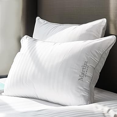 Martha Stewart Hotel Collection Pillow 500 Thread Count Damask Stripe Embroidered Feathers Soft Hypoallergenic 100% Cotton Queen Size Set of 2
