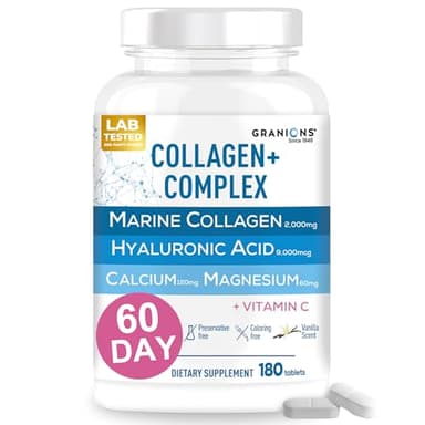 Granions Marine Collagen Pills – 2000mg Hydrolyzed Marine Collagen Peptides, Hyaluronic Acid, Vitamin C, Calcium, Magnesium – Skin, Hair, Nails, Pro Aging Hyaluronic Acid Supplements – 180 Tablets