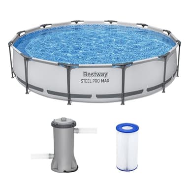 Bestway Steel Pro MAX 12' x 30" Above Ground Pool, Round Metal Frame Outdoor Swimming Pool Set with Filter Pump & Type III A/C Cartridge, Gray