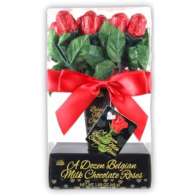 Chocolate Roses Valentine's Belgian Milk Chocolate Rose Bouquet, One Dozen Individually Wrapped Candy Flowers, Sweet Gift for Special Someone, 1.69 Ounces