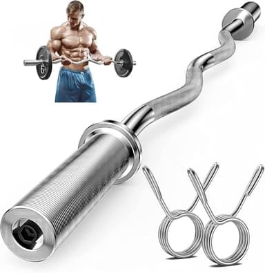 Bupans Olympic EZ Curl Bar 47-Inch - Chrome Curling Barbell for Biceps,Triceps,Arm Workouts,Compatible with 2"Olympic Plates,Includes Spring Collars,Home Gym Strength Bar(500LB Capacity)