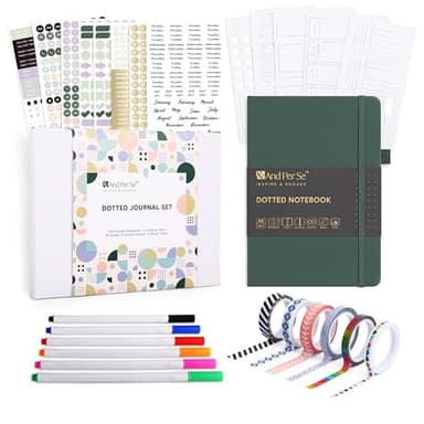 &And Per Se Dotted Journal Kit, A5 Hardcover Dot Grid Journal Notebook Set for Beginners with Journaling Supplies Stencils, Stickers, Washi Tapes & Colored Pens Accessories (Green)