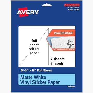 Avery Printable Vinyl Sticker Paper, 8-1/2" x 11", Matte White, Permanent Adhesive, Laser Printer Compatible, 7 Sheets Total, Ideal for Decal Stickers, Giveaways, Decals for Water Bottles, and More