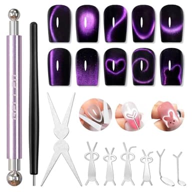 Gellen Cat Eye Magnet for Nails, Strong Magnetic Nail Magnet Set with Double Ended Magnet Pen, 8mm 10mm Ball Magnets, French Tip Cat Eye Guide Plate, Bunny & Heart Design Plates for Gel Nail Polish