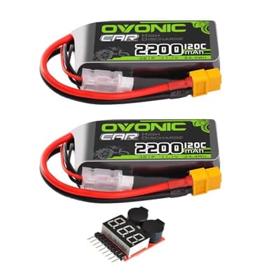 OVONIC 3S Short LiPo Battery 11.1V 2200mAh 120C with XT60 Plug for RC Car RC Truck Airplane Helicopter Boat Car Racing RC Hobby [2 Packs][77" D x 34" W x 26" H mm](with Lipo Voltage Checker)