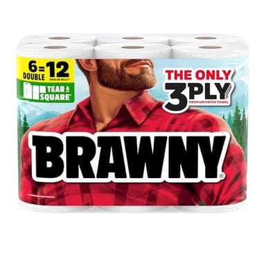 Brawny Tear-A-Square 3-Ply Paper Towels, 6 Double Rolls = 12 Regular Rolls, Strong, Absorbent, and Durable with 3 Sheet Sizes (Quarter, Half, Full)