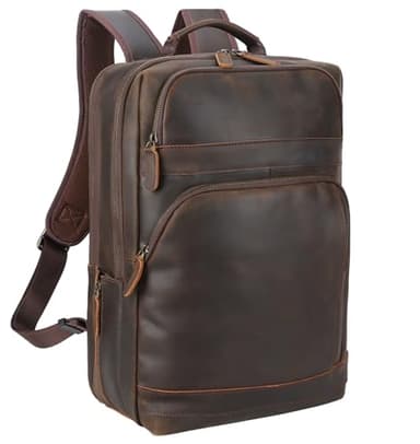 Masa Kawa Brown Leather Laptop Backpack for Men Fits 16” 15.6” Computer, Vintage Business Travel Work Large Daypack Weekender Bag Camping Rucksack