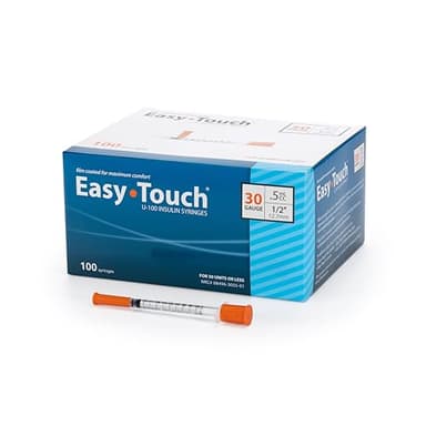 Easy Touch 30 Gauge U-100 Insulin Syringes (30G 0.5cc 1/2”) with 1/2” Long Needle, 0.5cc (50 Unit Capacity), Bold Markings for Accurate Dosing, Disposable, Box of 100
