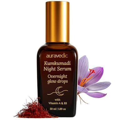 Auravedic Kumkumadi Tailam Night Serum | Ayurvedic Face Oil with Saffron & Vitamin B3 | Plant Based Overnight Moisturizer for Soft, Refreshed Skin | 1.69 Fl Oz (50ml)