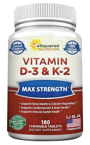 aSquared Nutrition Vitamin D3 with K2 Supplement-180 Chewable Tablets, Max Strength D-3 Cholecalciferol & K-2 MK7 to Support Healthy Bones, Teeth, Heart -Antioxidant D3 & K2 MK-7 Energy Formula Adults
