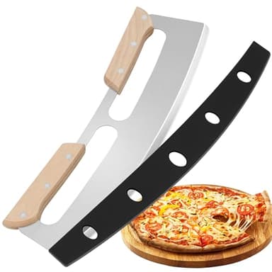 Gicyiit Pizza Cutter Rocker Blade with Wooden Handle, Premium 14inch Pizza Knife Rocker Cutter with Sharp Stainless Steel Blade and Protective Cover, Slicing Through Crust in One Single Rocking Motion