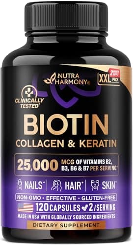 Biotin | Collagen | Hyaluronic Acid | Keratin - Support Normal Hair Growth Cycle, Skin & Nails - Clinically Tested - 25000mcg Vitamins B1, B2, B3, B6 & B7 - for Women & Men - 120 Capsules