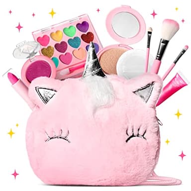 ULOVEME Easter Gifts for Girls - Kids Real Makeup Kit for Girls with Fluffy Purse - Real, Non Toxic, Washable Make Up Toy - Umicorn Toys Gift for 3 4 5 6 7 8 Years Old Girls Birthday (Pink Umicorn)