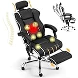 HOMREST 6-Point Massage Office Chair with Footrest, Heated Executive Office Chair with Reclining Backrest, Ergonomic Gaming Chair with Padded Armrest, Black