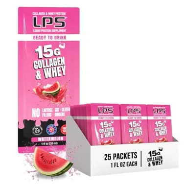 Nutritional Designs LPS Liquid Collagen & Whey Protein Supplement - Non-GMO Drink, Sugar-Free - Promotes Healthy Skin & Hair for Men & Women, Watermelon, Single Serve (25 Packets)