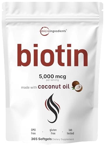 Micro Ingredients Biotin 5,000mcg | 365 Virgin Coconut Oil Softgels, Fast Release, One Year Supply | Supports Healthy Hair, Skin, & Nails | Non-GMO, No Gluten